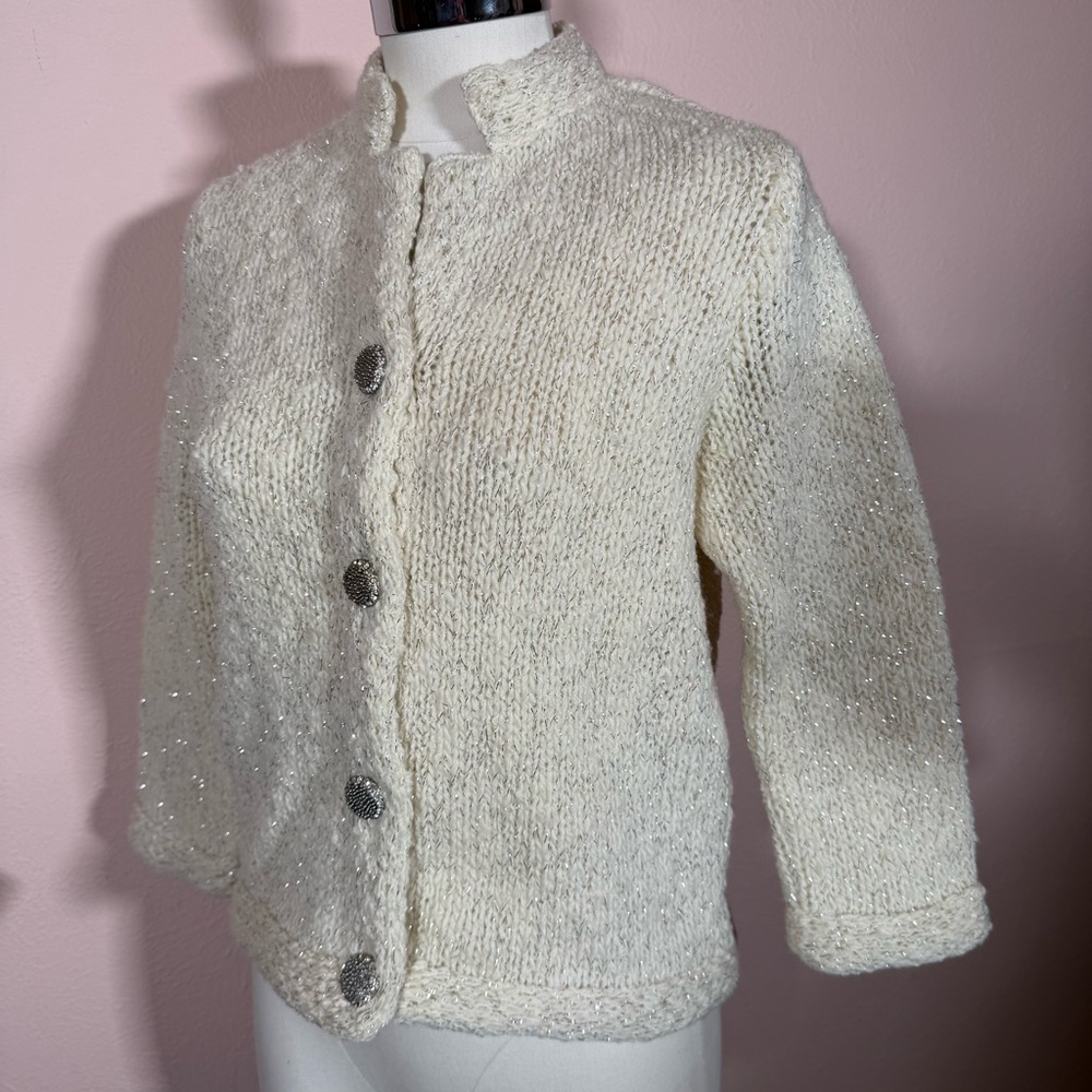 Vintage 1940 50 Retro Deco Cream wool Silver Metallic Cardigan sweater Jacket - Picture 13 of 17